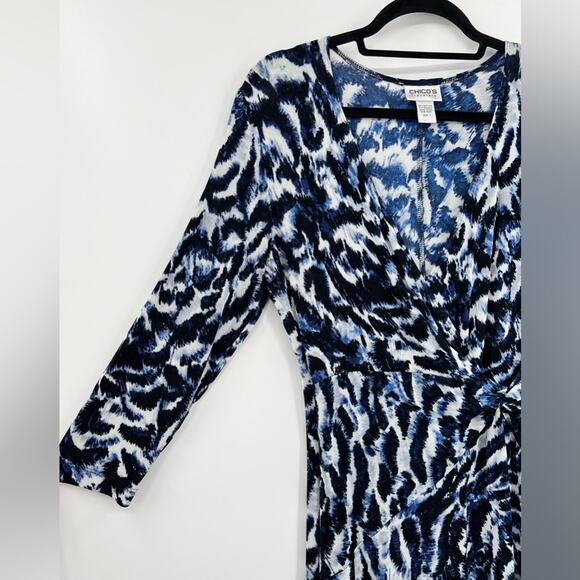 Chico’s Travelers Printed Faux Wrap Midi Dress 3/4 Sleeve V Neck Blue Medium - Picture 9 of 12